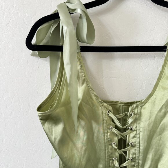 Lime Green Satin Tie Shoulder Lace Up Corset - Picture 4 of 9